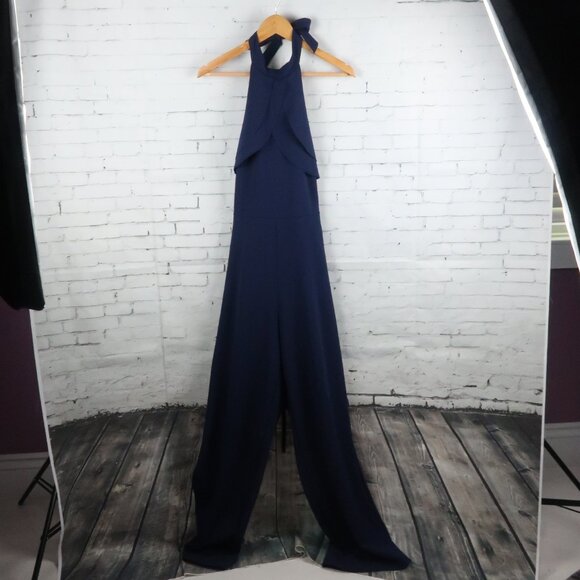 BEBE NAVY BLUE HIGH NECK HALTER RUFFLE OPEN BACK WIDE LEG JUMPSUIT SIZE 10 - Picture 2 of 9